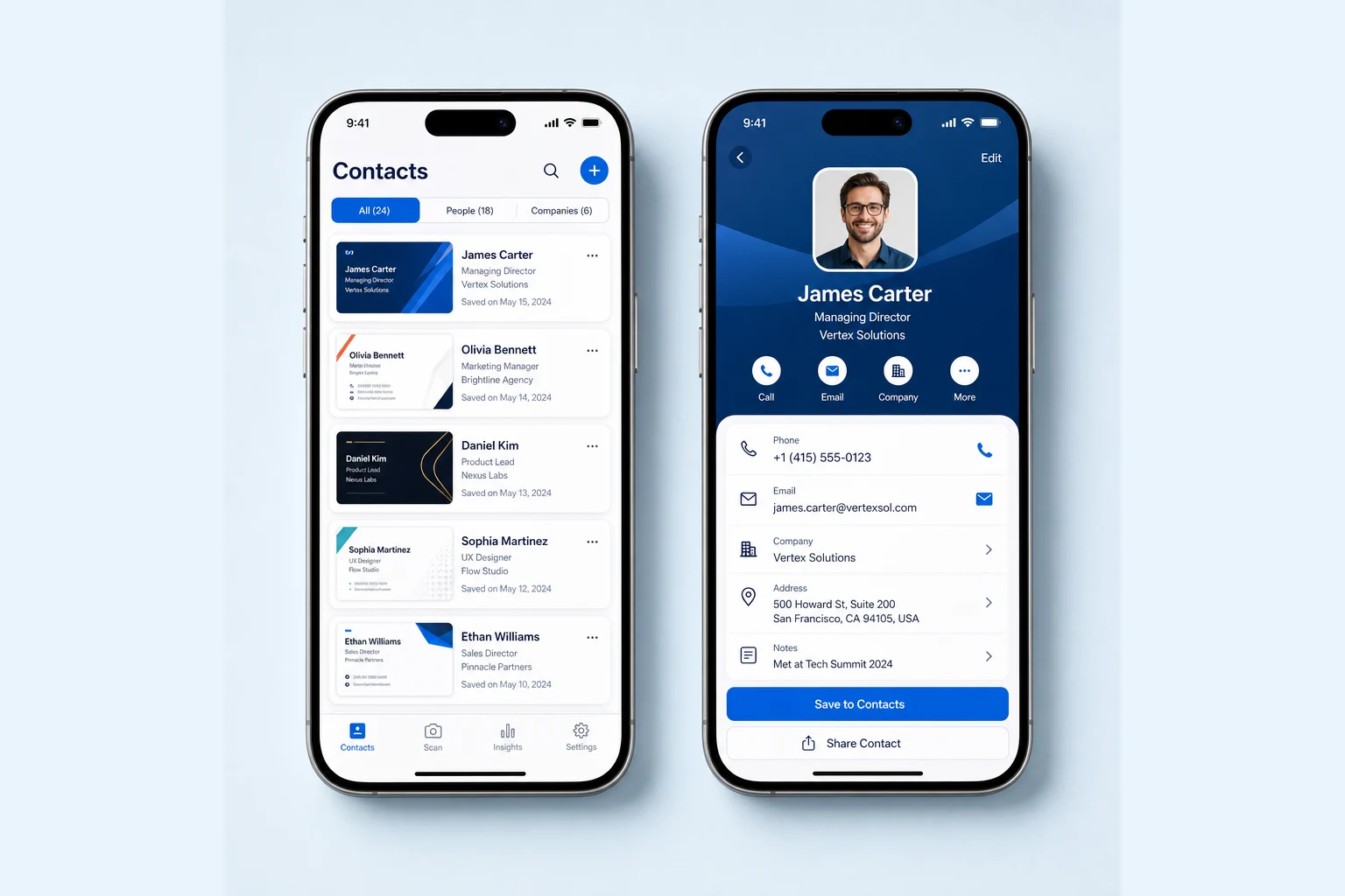 Millo22 contacts wallet and saved business-card contact details on two iPhones