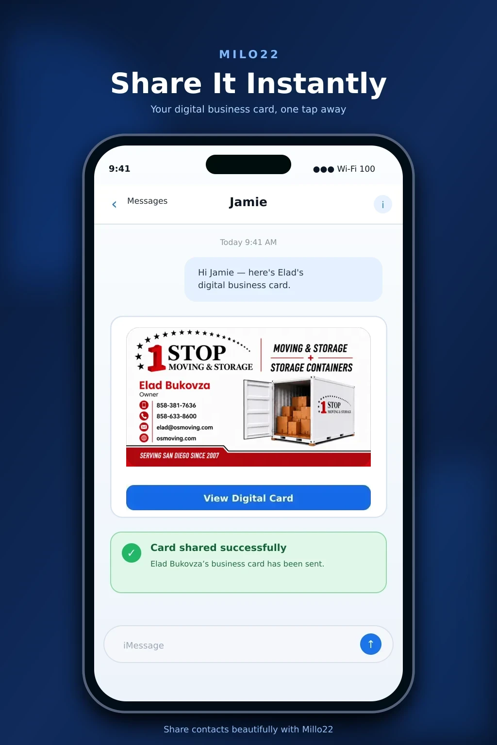 Share It Instantly: Jamie receives Elad Bukovza's One Stop Moving & Storage digital business card